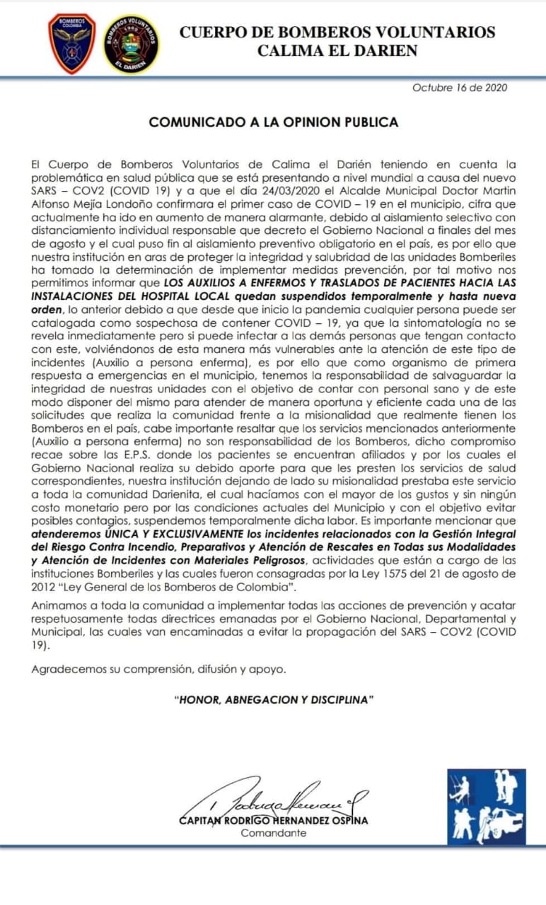 Noticia Bomberos Darién Octubre 26 de 2020